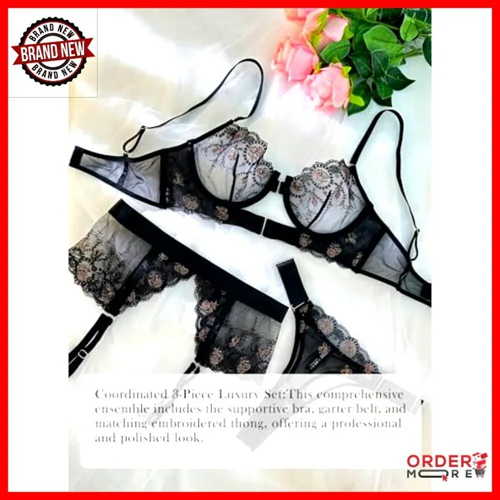 Sheer Embroidered Lace Lingerie Set with Underwire Bra Garter Belt